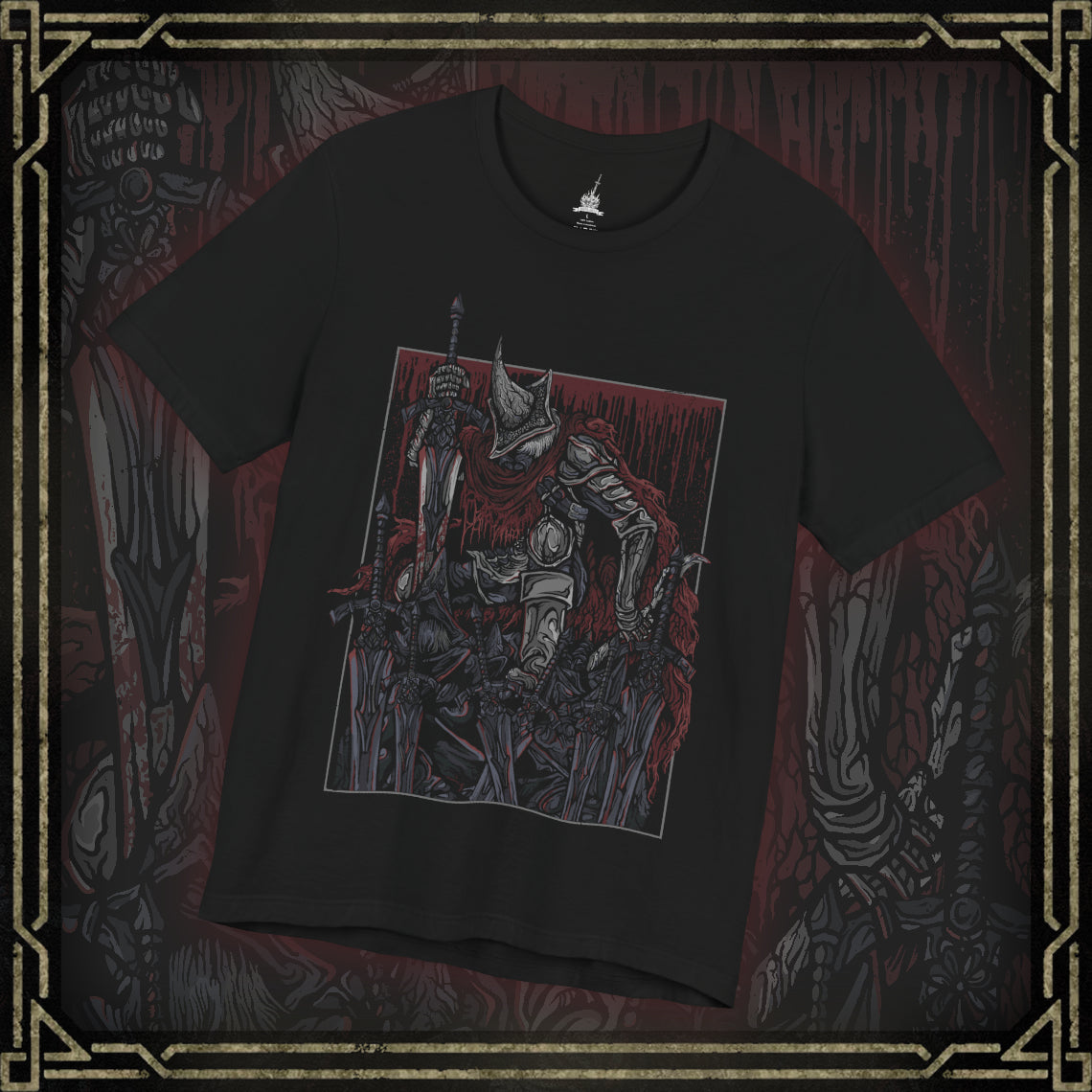 Thumbnail of a T-shirt featuring the Abyss Watchers from Dark Souls 3, the fierce undead legion sworn to contain the Abyss at any cost. Clad in worn cloaks and iron helms, these warriors share one soul and one relentless purpose—endless war against darkness. Their ritualistic duels and frenzied infighting embody their cursed duty and the inevitable toll of their sacrifice.