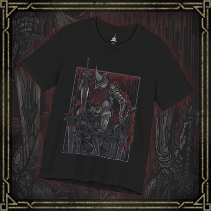 Thumbnail of a T-shirt featuring the Abyss Watchers from Dark Souls 3, the fierce undead legion sworn to contain the Abyss at any cost. Clad in worn cloaks and iron helms, these warriors share one soul and one relentless purpose—endless war against darkness. Their ritualistic duels and frenzied infighting embody their cursed duty and the inevitable toll of their sacrifice.