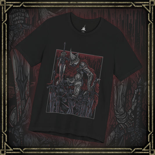 Thumbnail of a T-shirt featuring the Abyss Watchers from Dark Souls 3, the fierce undead legion sworn to contain the Abyss at any cost. Clad in worn cloaks and iron helms, these warriors share one soul and one relentless purpose—endless war against darkness. Their ritualistic duels and frenzied infighting embody their cursed duty and the inevitable toll of their sacrifice.