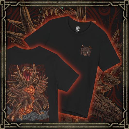 Thumbnail of a T-Shirt artwork depicting Akantor roaring from the depths of a volcanic crater, its gigantic tusks and armored body illuminated by rivers of molten lava. Jagged mountains and clouds of volcanic ash surround the beast as the ground cracks beneath its immense weight. This design reflects the monster's destructive strength, ferocious temperament, and terrifying presence as one of Monster Hunter's most formidable elder-level threats.