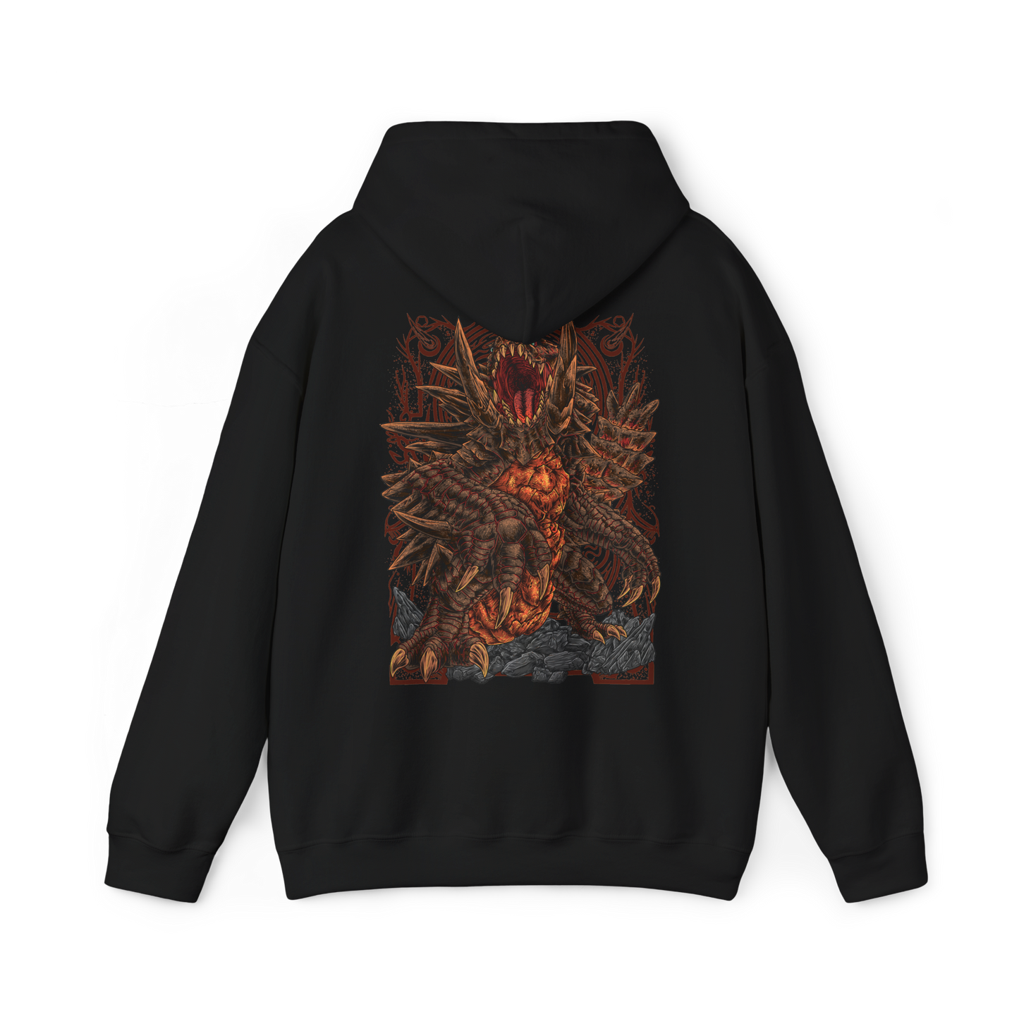 Image 5 of a Hooded Sweatshirt of Akantor charging across a shattered volcanic landscape, its massive jaws open in a devastating roar as fire and debris erupt around its body. Dark smoke fills the horizon while crimson energy glows across its eyes and mouth. The composition emphasizes primal brutality, immense scale, and the unstoppable force of a monster capable of reshaping the battlefield through sheer physical power.