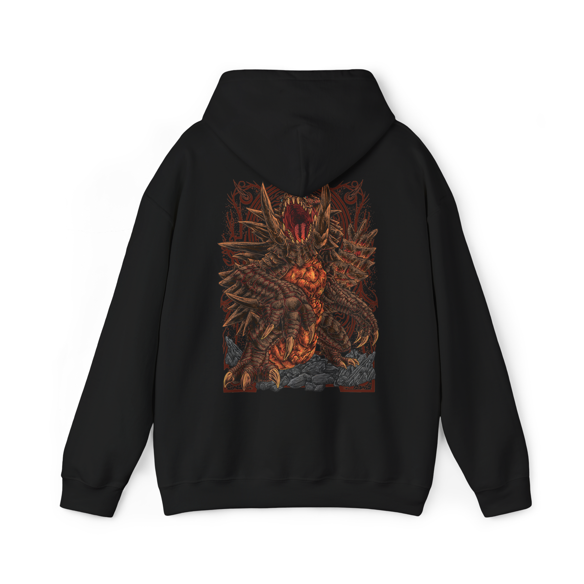 Image 5 of a Hooded Sweatshirt of Akantor charging across a shattered volcanic landscape, its massive jaws open in a devastating roar as fire and debris erupt around its body. Dark smoke fills the horizon while crimson energy glows across its eyes and mouth. The composition emphasizes primal brutality, immense scale, and the unstoppable force of a monster capable of reshaping the battlefield through sheer physical power.