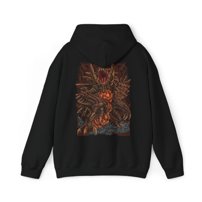 Image 5 of a Hooded Sweatshirt of Akantor charging across a shattered volcanic landscape, its massive jaws open in a devastating roar as fire and debris erupt around its body. Dark smoke fills the horizon while crimson energy glows across its eyes and mouth. The composition emphasizes primal brutality, immense scale, and the unstoppable force of a monster capable of reshaping the battlefield through sheer physical power.