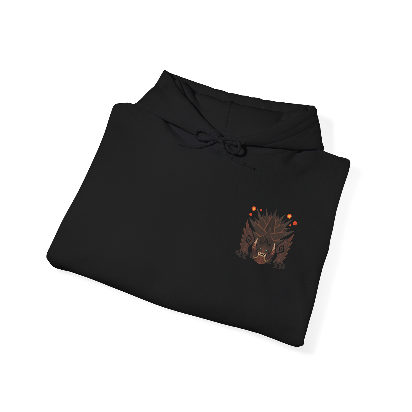 Image 6 of a Hooded Sweatshirt of Akantor charging across a shattered volcanic landscape, its massive jaws open in a devastating roar as fire and debris erupt around its body. Dark smoke fills the horizon while crimson energy glows across its eyes and mouth. The composition emphasizes primal brutality, immense scale, and the unstoppable force of a monster capable of reshaping the battlefield through sheer physical power.