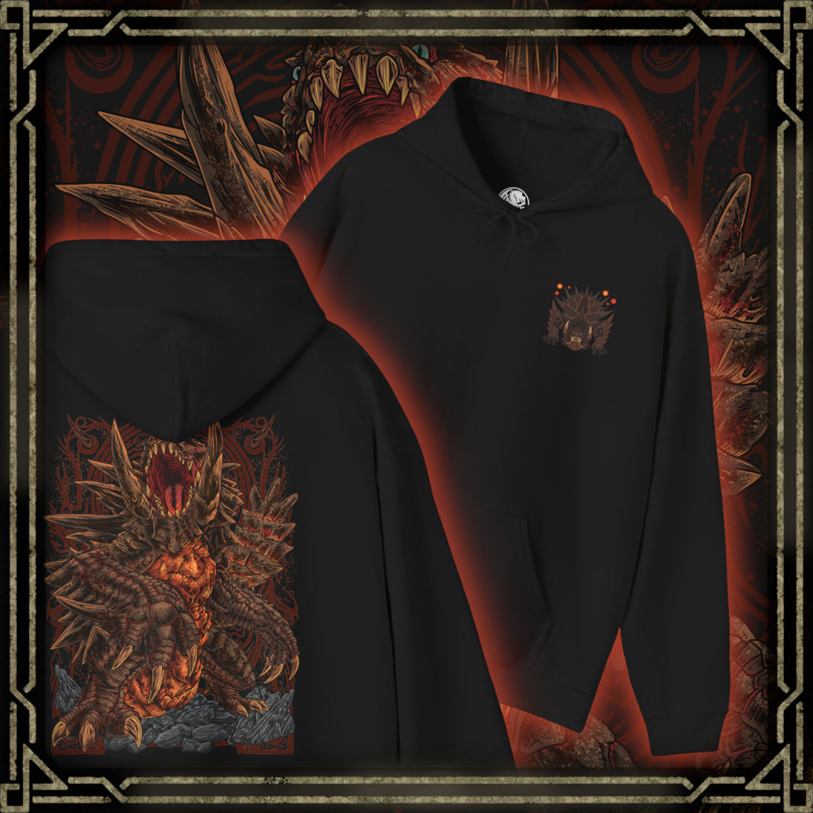 Thumbnail of a Hooded Sweatshirt of Akantor charging across a shattered volcanic landscape, its massive jaws open in a devastating roar as fire and debris erupt around its body. Dark smoke fills the horizon while crimson energy glows across its eyes and mouth. The composition emphasizes primal brutality, immense scale, and the unstoppable force of a monster capable of reshaping the battlefield through sheer physical power.