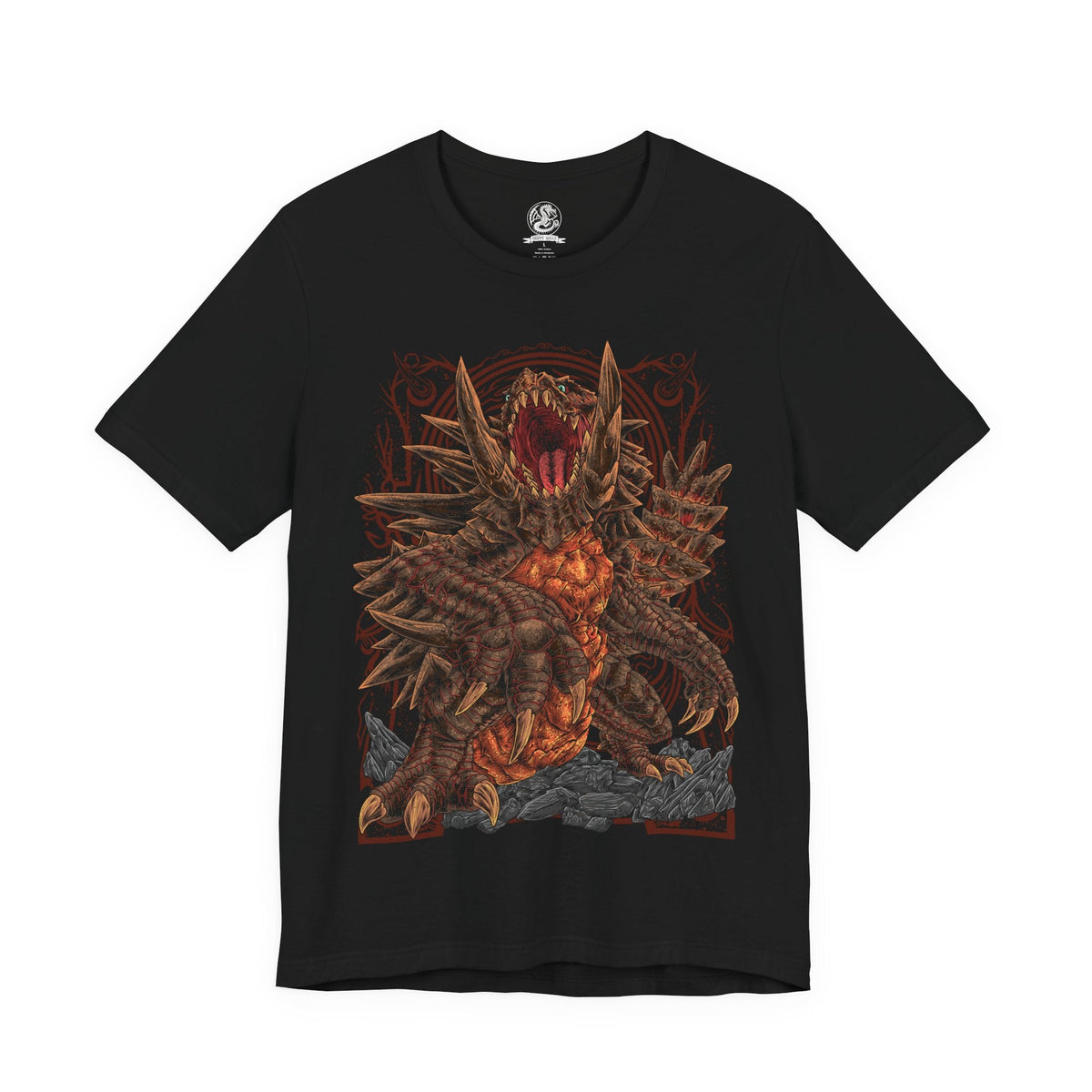 Image 4 of a T-Shirt design of Akantor from Monster Hunter, the colossal Flying Wyvern emerging from a volcanic wasteland as smoke and ash fill the sky. Its enormous black body, crimson eyes, and massive tusks dominate the landscape while molten rock glows beneath its feet. The design captures Akantor's overwhelming physical power, territorial dominance, and reputation as a legendary apex monster feared by hunters.