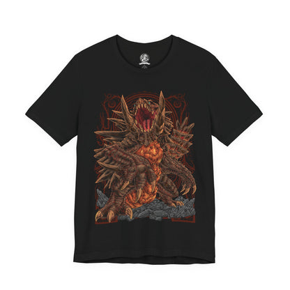 Image 4 of a T-Shirt design of Akantor from Monster Hunter, the colossal Flying Wyvern emerging from a volcanic wasteland as smoke and ash fill the sky. Its enormous black body, crimson eyes, and massive tusks dominate the landscape while molten rock glows beneath its feet. The design captures Akantor's overwhelming physical power, territorial dominance, and reputation as a legendary apex monster feared by hunters.