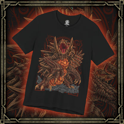 Thumbnail of a T-Shirt design of Akantor from Monster Hunter, the colossal Flying Wyvern emerging from a volcanic wasteland as smoke and ash fill the sky. Its enormous black body, crimson eyes, and massive tusks dominate the landscape while molten rock glows beneath its feet. The design captures Akantor's overwhelming physical power, territorial dominance, and reputation as a legendary apex monster feared by hunters.