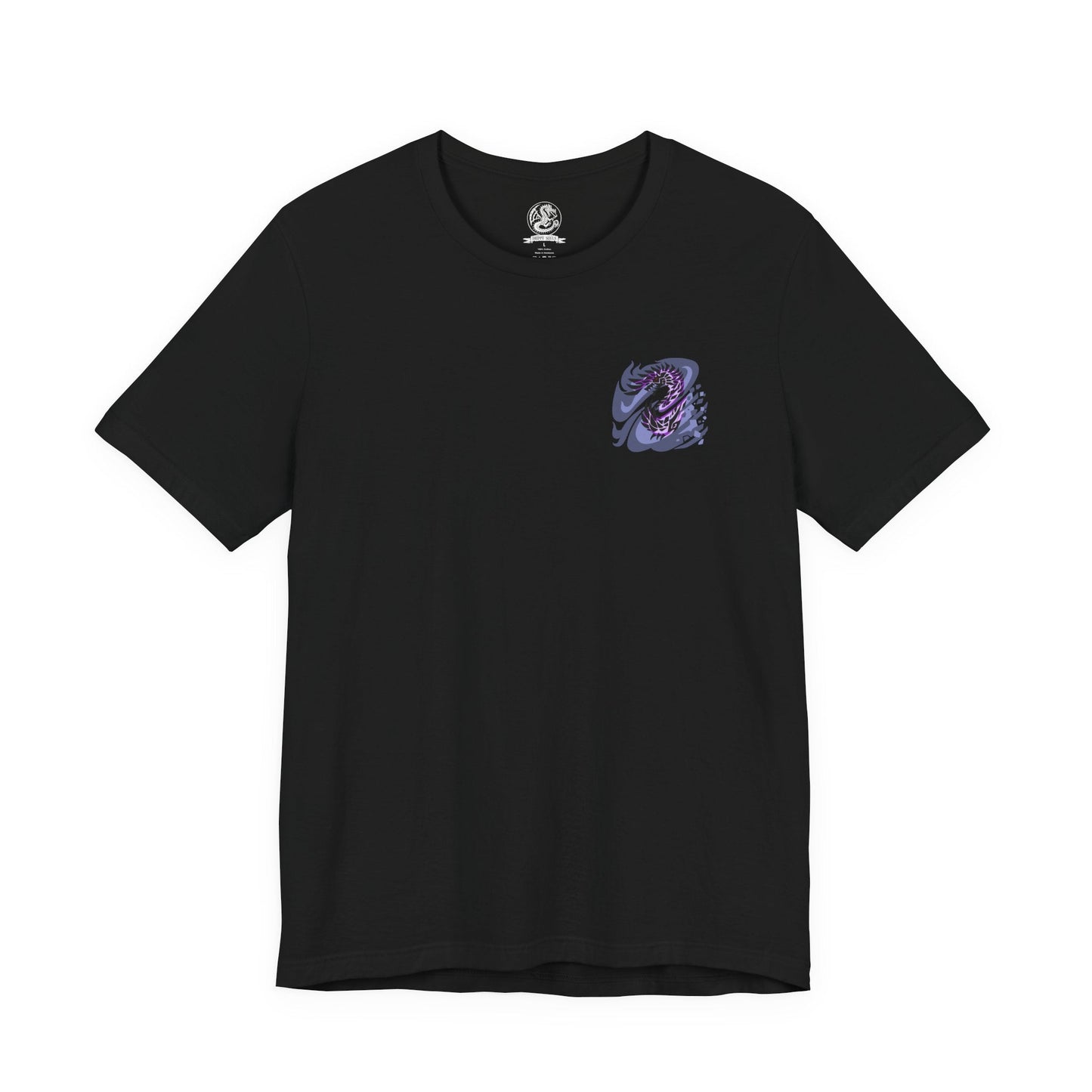 Image 4 of a T-Shirt artwork depicting Alatreon standing at the center of a devastated landscape, seamlessly shifting between blazing flames, freezing ice, crackling lightning, and draconic energy. Violent storms and shattered terrain surround the Elder Dragon as elemental explosions illuminate the horizon. This design reflects Alatreon's ever-changing elemental dominance, overwhelming strength, and the legendary challenge it presents to even the greatest hunters.