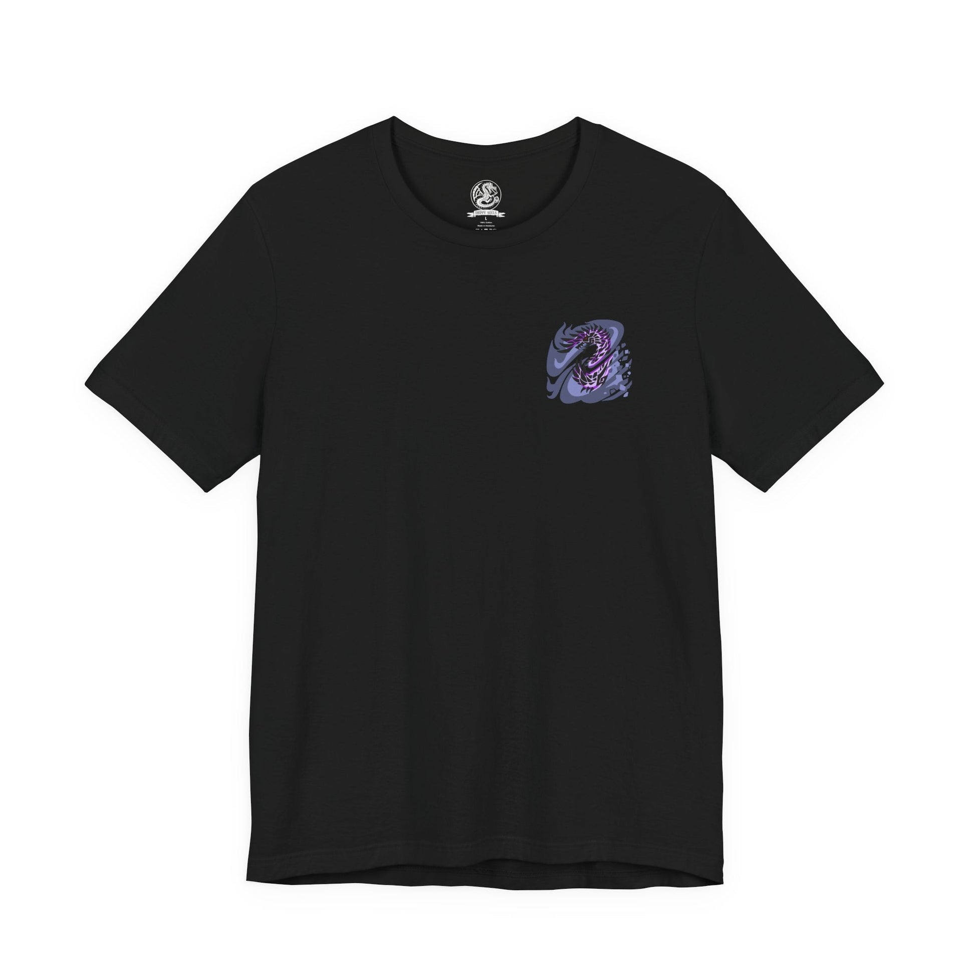 Image 4 of a T-Shirt artwork depicting Alatreon standing at the center of a devastated landscape, seamlessly shifting between blazing flames, freezing ice, crackling lightning, and draconic energy. Violent storms and shattered terrain surround the Elder Dragon as elemental explosions illuminate the horizon. This design reflects Alatreon's ever-changing elemental dominance, overwhelming strength, and the legendary challenge it presents to even the greatest hunters.