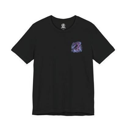 Image 4 of a T-Shirt artwork depicting Alatreon standing at the center of a devastated landscape, seamlessly shifting between blazing flames, freezing ice, crackling lightning, and draconic energy. Violent storms and shattered terrain surround the Elder Dragon as elemental explosions illuminate the horizon. This design reflects Alatreon's ever-changing elemental dominance, overwhelming strength, and the legendary challenge it presents to even the greatest hunters.
