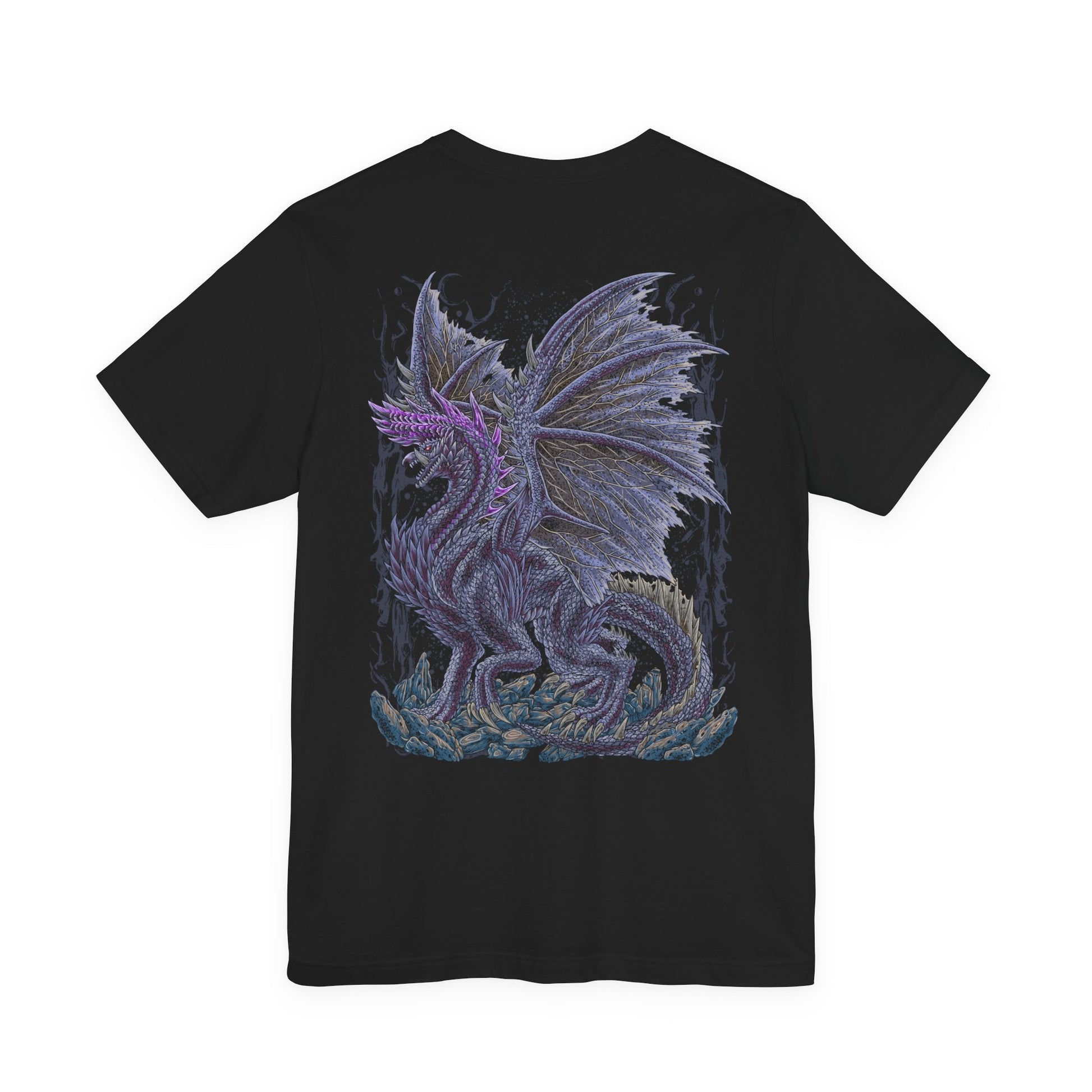Image 5 of a T-Shirt artwork depicting Alatreon standing at the center of a devastated landscape, seamlessly shifting between blazing flames, freezing ice, crackling lightning, and draconic energy. Violent storms and shattered terrain surround the Elder Dragon as elemental explosions illuminate the horizon. This design reflects Alatreon's ever-changing elemental dominance, overwhelming strength, and the legendary challenge it presents to even the greatest hunters.