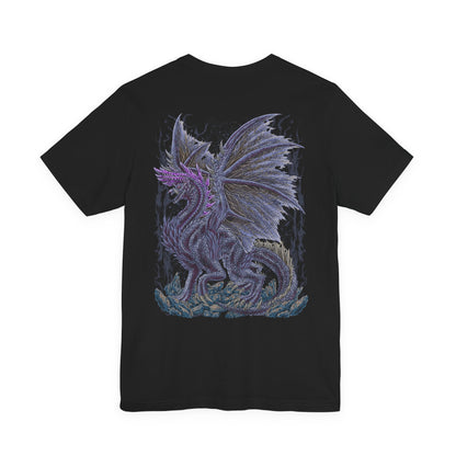 Image 5 of a T-Shirt artwork depicting Alatreon standing at the center of a devastated landscape, seamlessly shifting between blazing flames, freezing ice, crackling lightning, and draconic energy. Violent storms and shattered terrain surround the Elder Dragon as elemental explosions illuminate the horizon. This design reflects Alatreon's ever-changing elemental dominance, overwhelming strength, and the legendary challenge it presents to even the greatest hunters.