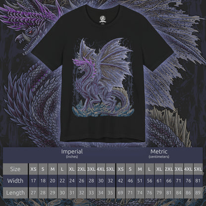 Size chart of a T-Shirt artwork depicting Alatreon standing at the center of a devastated landscape, seamlessly shifting between blazing flames, freezing ice, crackling lightning, and draconic energy. Violent storms and shattered terrain surround the Elder Dragon as elemental explosions illuminate the horizon. This design reflects Alatreon's ever-changing elemental dominance, overwhelming strength, and the legendary challenge it presents to even the greatest hunters.