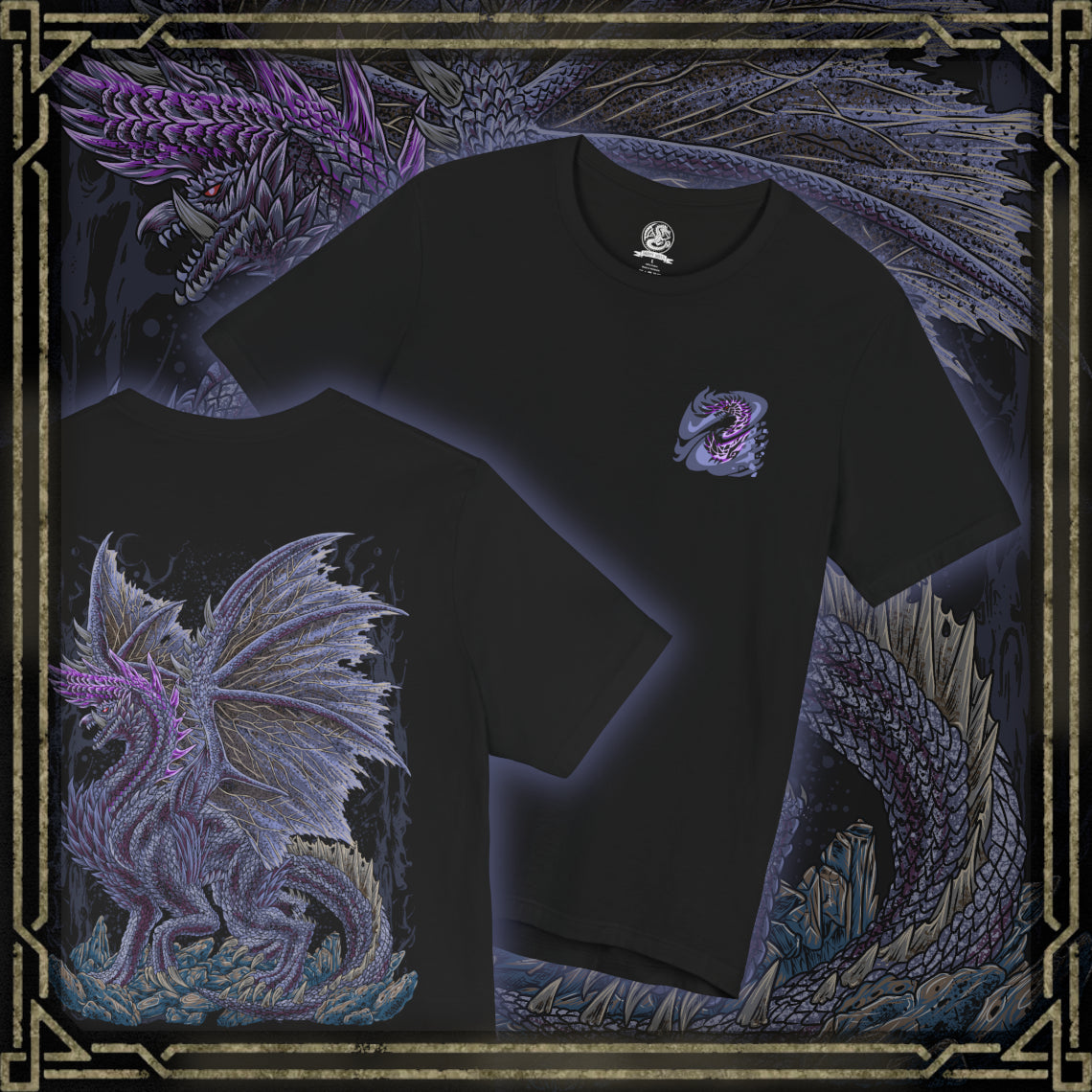 Thumbnail of a T-Shirt artwork depicting Alatreon standing at the center of a devastated landscape, seamlessly shifting between blazing flames, freezing ice, crackling lightning, and draconic energy. Violent storms and shattered terrain surround the Elder Dragon as elemental explosions illuminate the horizon. This design reflects Alatreon's ever-changing elemental dominance, overwhelming strength, and the legendary challenge it presents to even the greatest hunters.