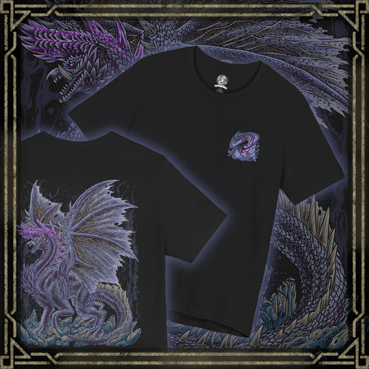 Thumbnail of a T-Shirt artwork depicting Alatreon standing at the center of a devastated landscape, seamlessly shifting between blazing flames, freezing ice, crackling lightning, and draconic energy. Violent storms and shattered terrain surround the Elder Dragon as elemental explosions illuminate the horizon. This design reflects Alatreon's ever-changing elemental dominance, overwhelming strength, and the legendary challenge it presents to even the greatest hunters.