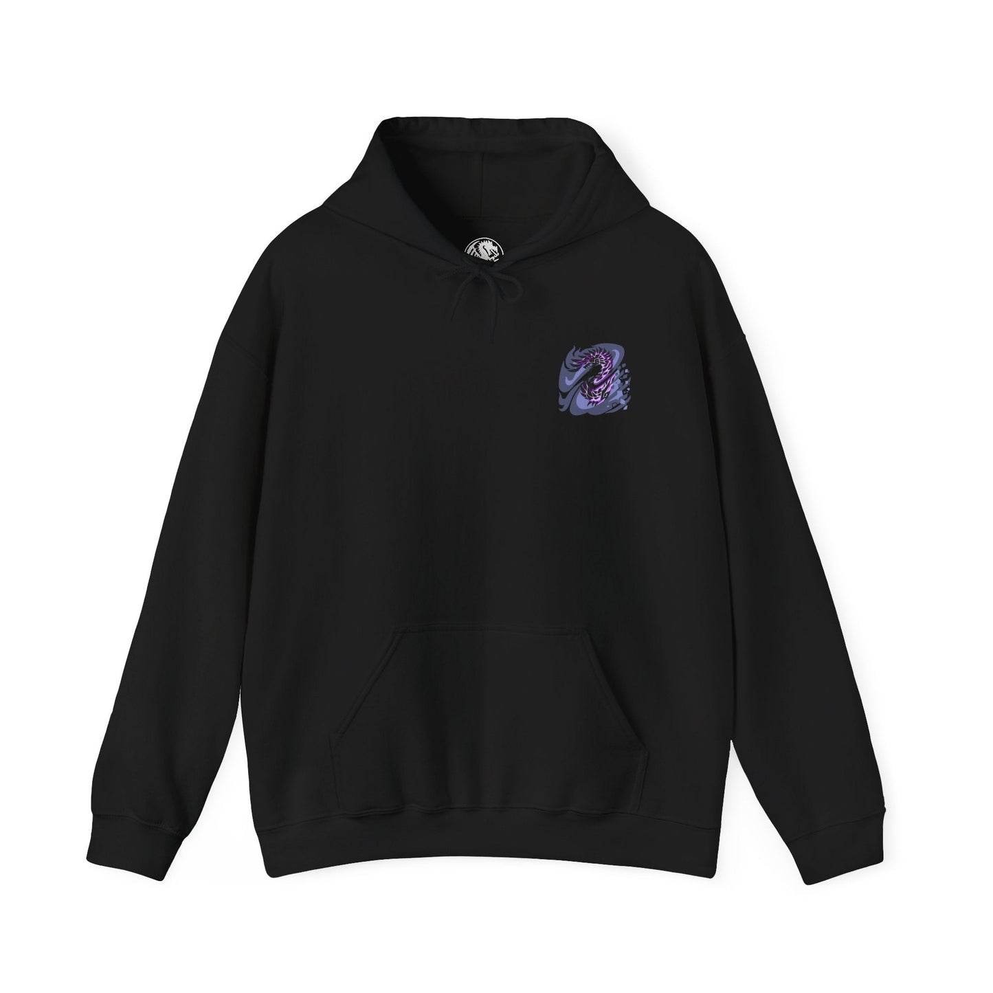 Image 4 of a Hooded Sweatshirt of Alatreon soaring above a ruined battlefield, its obsidian scales glowing as multiple elemental forces collide around its wings. Firestorms, ice crystals, lightning bolts, and dragon energy spiral together beneath a darkened sky while the earth crumbles below. The composition emphasizes divine destruction, elemental supremacy, and the apocalyptic presence of one of Monster Hunter's most iconic and feared Black Dragons.