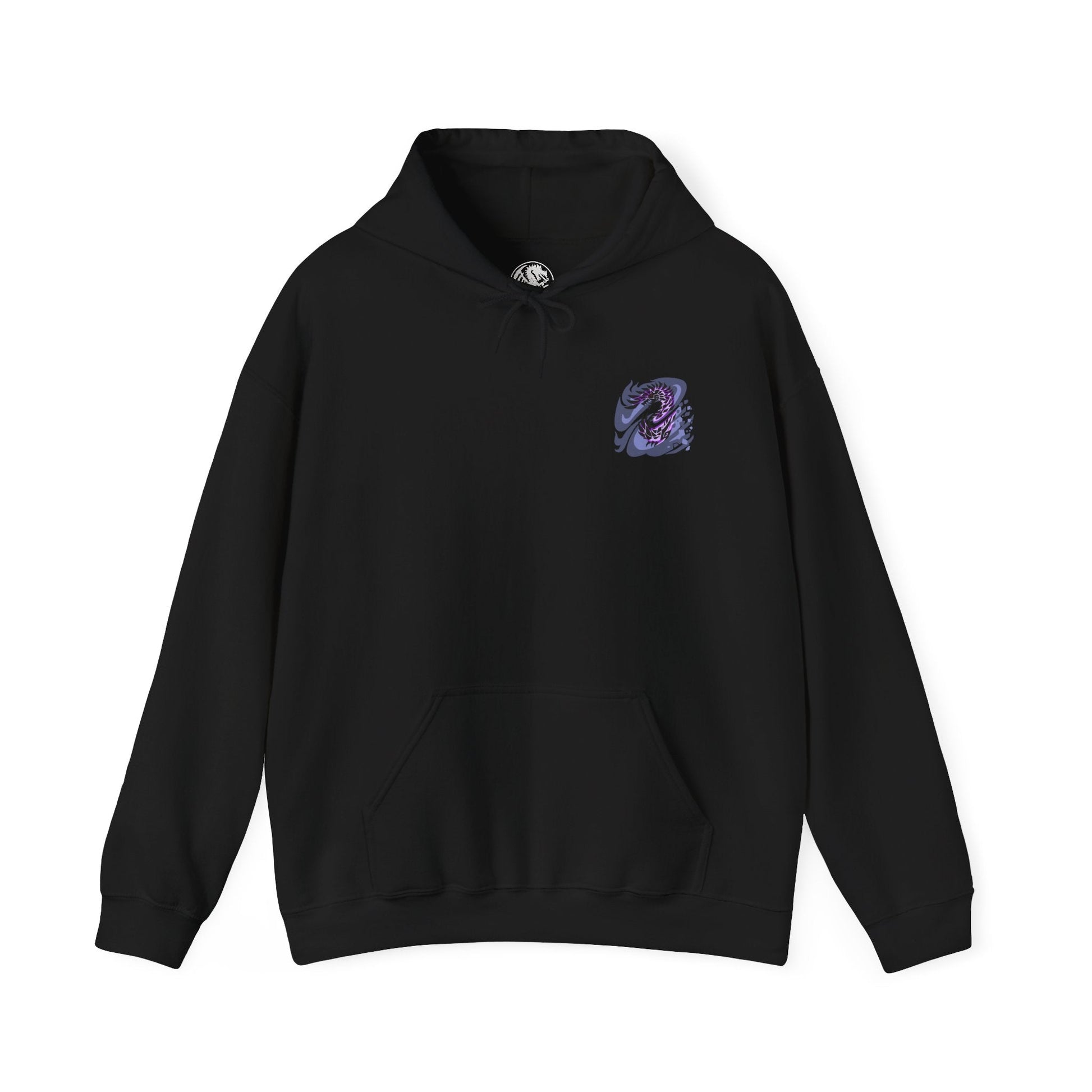 Image 4 of a Hooded Sweatshirt of Alatreon soaring above a ruined battlefield, its obsidian scales glowing as multiple elemental forces collide around its wings. Firestorms, ice crystals, lightning bolts, and dragon energy spiral together beneath a darkened sky while the earth crumbles below. The composition emphasizes divine destruction, elemental supremacy, and the apocalyptic presence of one of Monster Hunter's most iconic and feared Black Dragons.