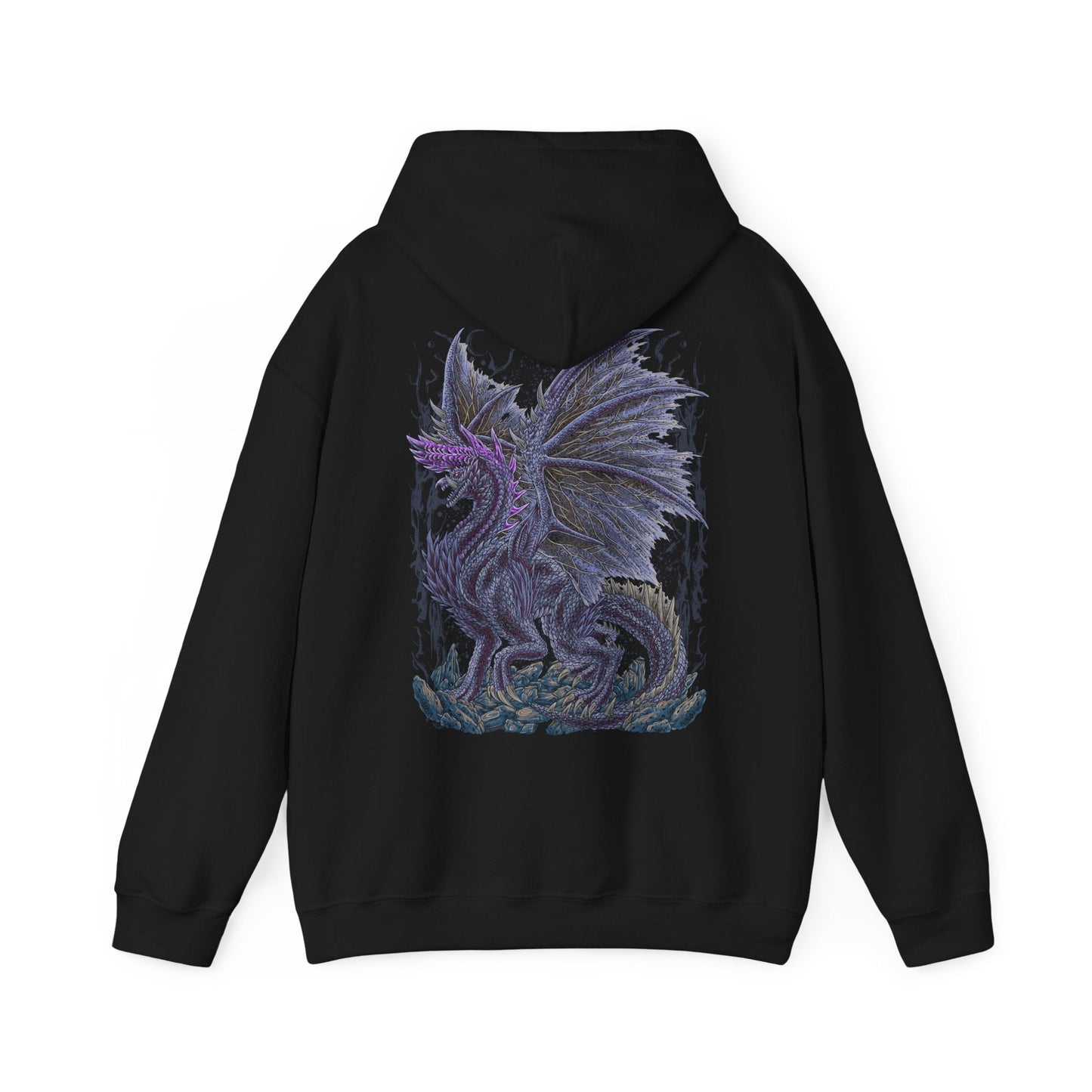 Image 5 of a Hooded Sweatshirt of Alatreon soaring above a ruined battlefield, its obsidian scales glowing as multiple elemental forces collide around its wings. Firestorms, ice crystals, lightning bolts, and dragon energy spiral together beneath a darkened sky while the earth crumbles below. The composition emphasizes divine destruction, elemental supremacy, and the apocalyptic presence of one of Monster Hunter's most iconic and feared Black Dragons.