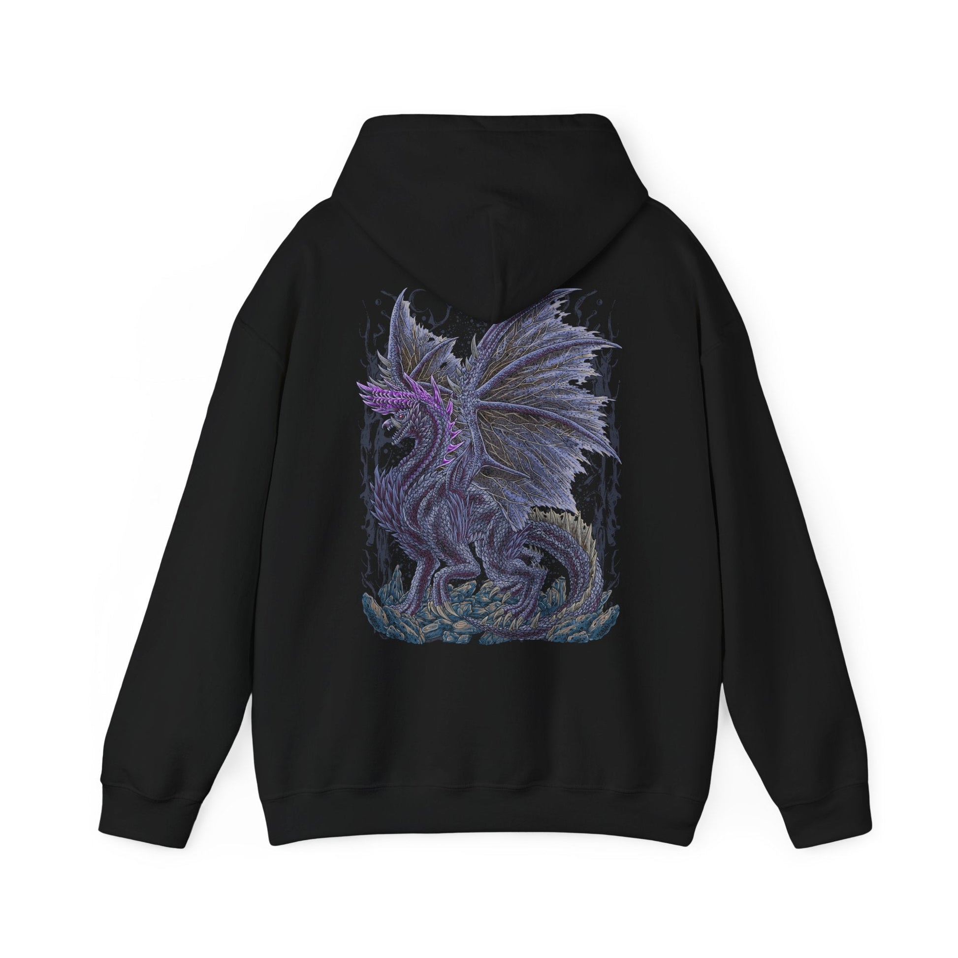 Image 5 of a Hooded Sweatshirt of Alatreon soaring above a ruined battlefield, its obsidian scales glowing as multiple elemental forces collide around its wings. Firestorms, ice crystals, lightning bolts, and dragon energy spiral together beneath a darkened sky while the earth crumbles below. The composition emphasizes divine destruction, elemental supremacy, and the apocalyptic presence of one of Monster Hunter's most iconic and feared Black Dragons.