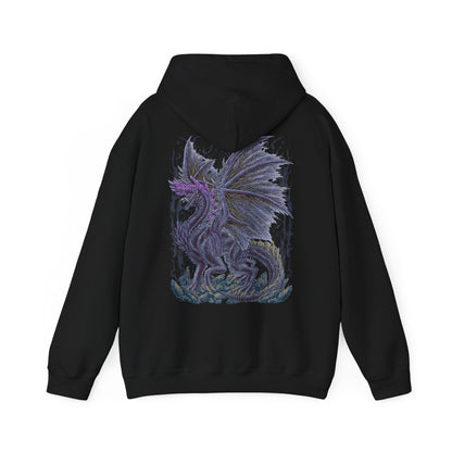 Image 5 of a Hooded Sweatshirt of Alatreon soaring above a ruined battlefield, its obsidian scales glowing as multiple elemental forces collide around its wings. Firestorms, ice crystals, lightning bolts, and dragon energy spiral together beneath a darkened sky while the earth crumbles below. The composition emphasizes divine destruction, elemental supremacy, and the apocalyptic presence of one of Monster Hunter's most iconic and feared Black Dragons.