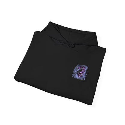 Image 6 of a Hooded Sweatshirt of Alatreon soaring above a ruined battlefield, its obsidian scales glowing as multiple elemental forces collide around its wings. Firestorms, ice crystals, lightning bolts, and dragon energy spiral together beneath a darkened sky while the earth crumbles below. The composition emphasizes divine destruction, elemental supremacy, and the apocalyptic presence of one of Monster Hunter's most iconic and feared Black Dragons.