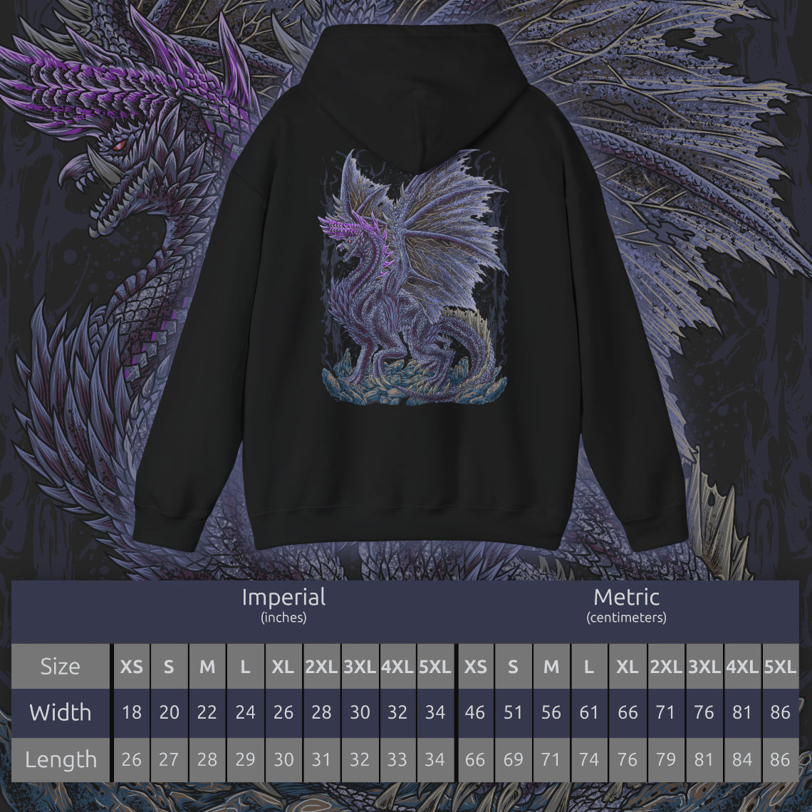 Size chart of a Hooded Sweatshirt of Alatreon soaring above a ruined battlefield, its obsidian scales glowing as multiple elemental forces collide around its wings. Firestorms, ice crystals, lightning bolts, and dragon energy spiral together beneath a darkened sky while the earth crumbles below. The composition emphasizes divine destruction, elemental supremacy, and the apocalyptic presence of one of Monster Hunter's most iconic and feared Black Dragons.