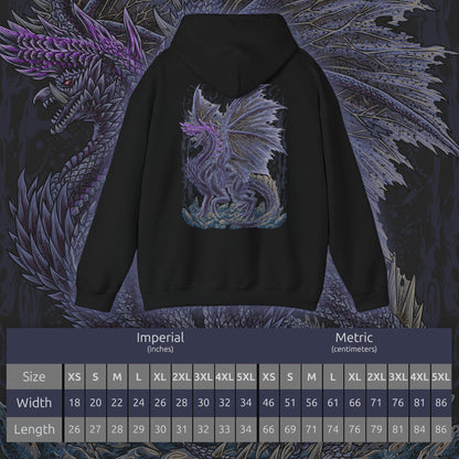 Size chart of a Hooded Sweatshirt of Alatreon soaring above a ruined battlefield, its obsidian scales glowing as multiple elemental forces collide around its wings. Firestorms, ice crystals, lightning bolts, and dragon energy spiral together beneath a darkened sky while the earth crumbles below. The composition emphasizes divine destruction, elemental supremacy, and the apocalyptic presence of one of Monster Hunter's most iconic and feared Black Dragons.