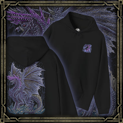 Thumbnail of a Hooded Sweatshirt of Alatreon soaring above a ruined battlefield, its obsidian scales glowing as multiple elemental forces collide around its wings. Firestorms, ice crystals, lightning bolts, and dragon energy spiral together beneath a darkened sky while the earth crumbles below. The composition emphasizes divine destruction, elemental supremacy, and the apocalyptic presence of one of Monster Hunter's most iconic and feared Black Dragons.