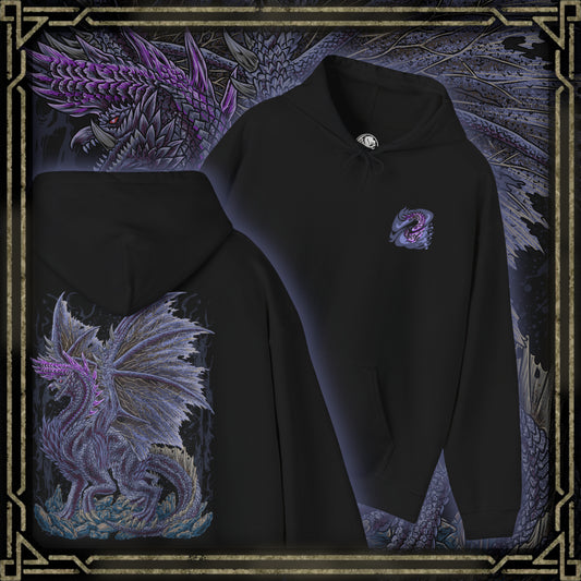 Thumbnail of a Hooded Sweatshirt of Alatreon soaring above a ruined battlefield, its obsidian scales glowing as multiple elemental forces collide around its wings. Firestorms, ice crystals, lightning bolts, and dragon energy spiral together beneath a darkened sky while the earth crumbles below. The composition emphasizes divine destruction, elemental supremacy, and the apocalyptic presence of one of Monster Hunter's most iconic and feared Black Dragons.