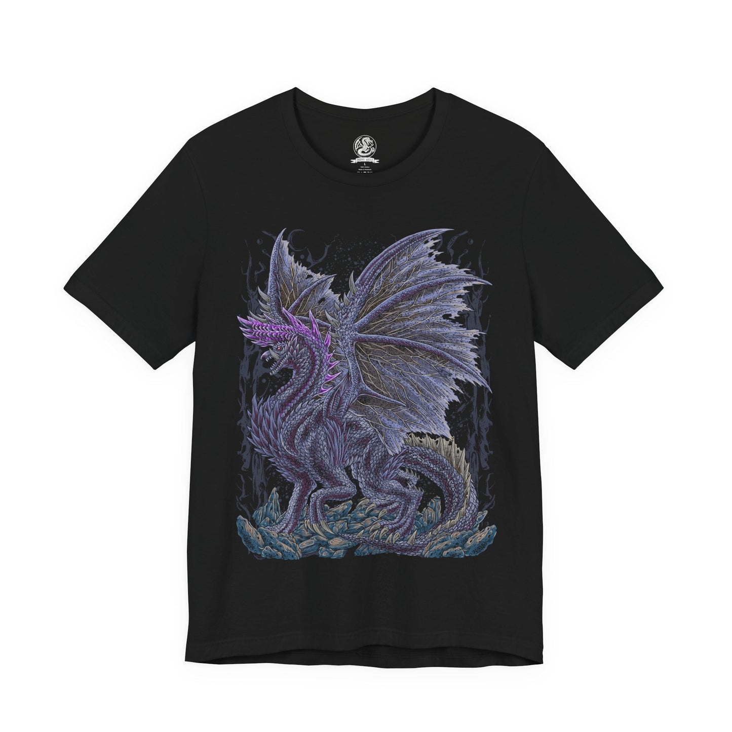 Image 4 of a T-Shirt design of Alatreon from Monster Hunter, the Blazing Black Dragon descending through a storm as fire, ice, thunder, dragon, and water elements erupt around its colossal body. Massive black horns and razor-sharp wings dominate the battlefield while the sky fractures beneath its elemental wrath. The design captures Alatreon's mastery over every element, embodying catastrophic power and the fear inspired by one of Monster Hunter's most legendary Black Dragons.