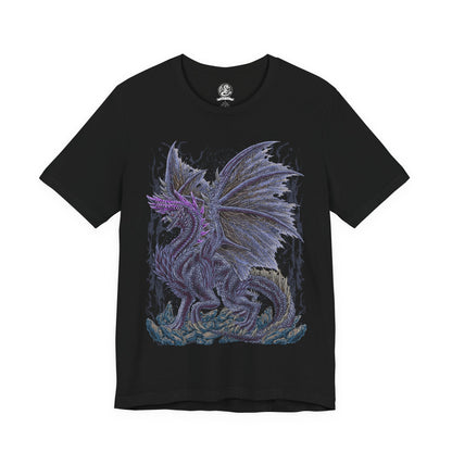 Image 4 of a T-Shirt design of Alatreon from Monster Hunter, the Blazing Black Dragon descending through a storm as fire, ice, thunder, dragon, and water elements erupt around its colossal body. Massive black horns and razor-sharp wings dominate the battlefield while the sky fractures beneath its elemental wrath. The design captures Alatreon's mastery over every element, embodying catastrophic power and the fear inspired by one of Monster Hunter's most legendary Black Dragons.