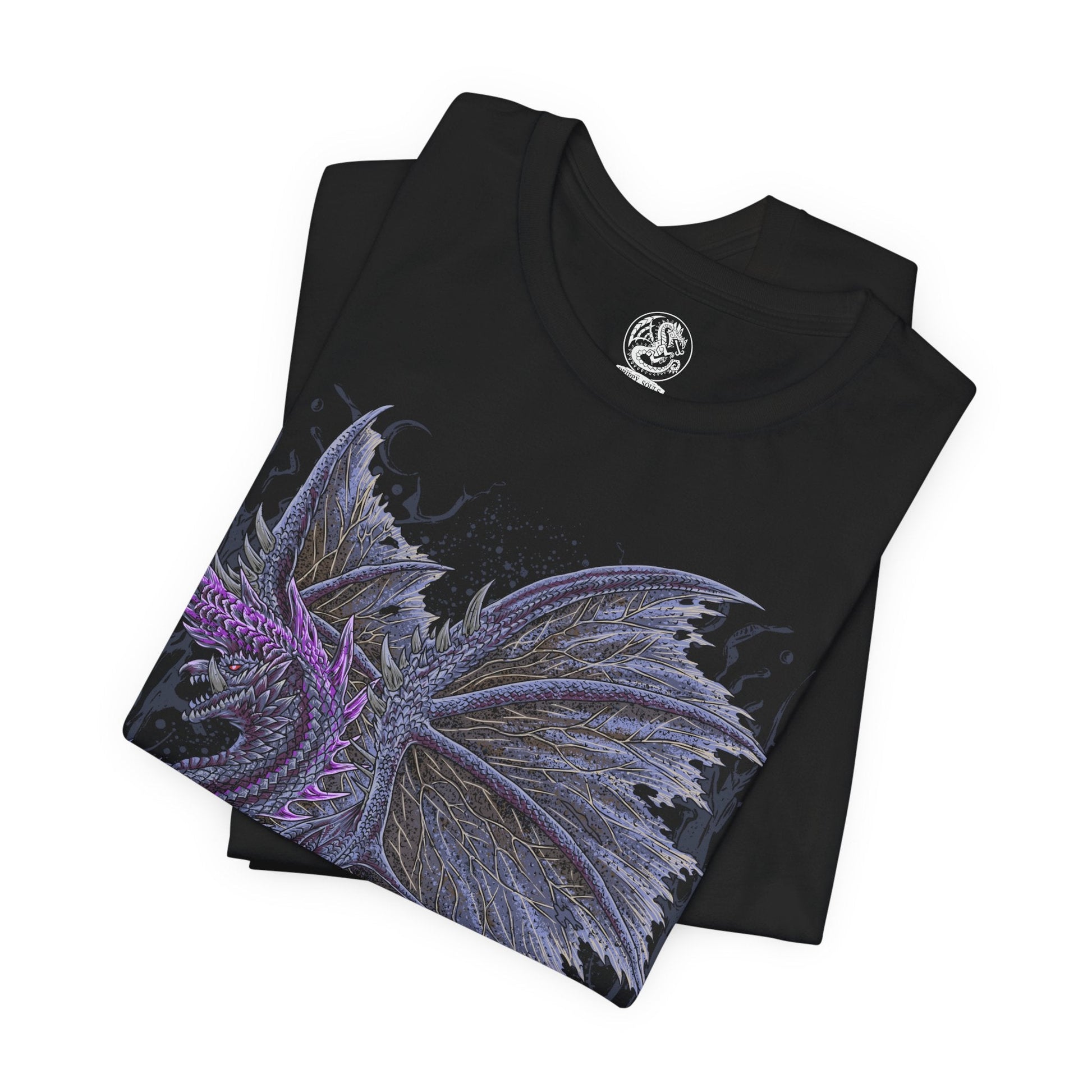 Image 5 of a T-Shirt design of Alatreon from Monster Hunter, the Blazing Black Dragon descending through a storm as fire, ice, thunder, dragon, and water elements erupt around its colossal body. Massive black horns and razor-sharp wings dominate the battlefield while the sky fractures beneath its elemental wrath. The design captures Alatreon's mastery over every element, embodying catastrophic power and the fear inspired by one of Monster Hunter's most legendary Black Dragons.