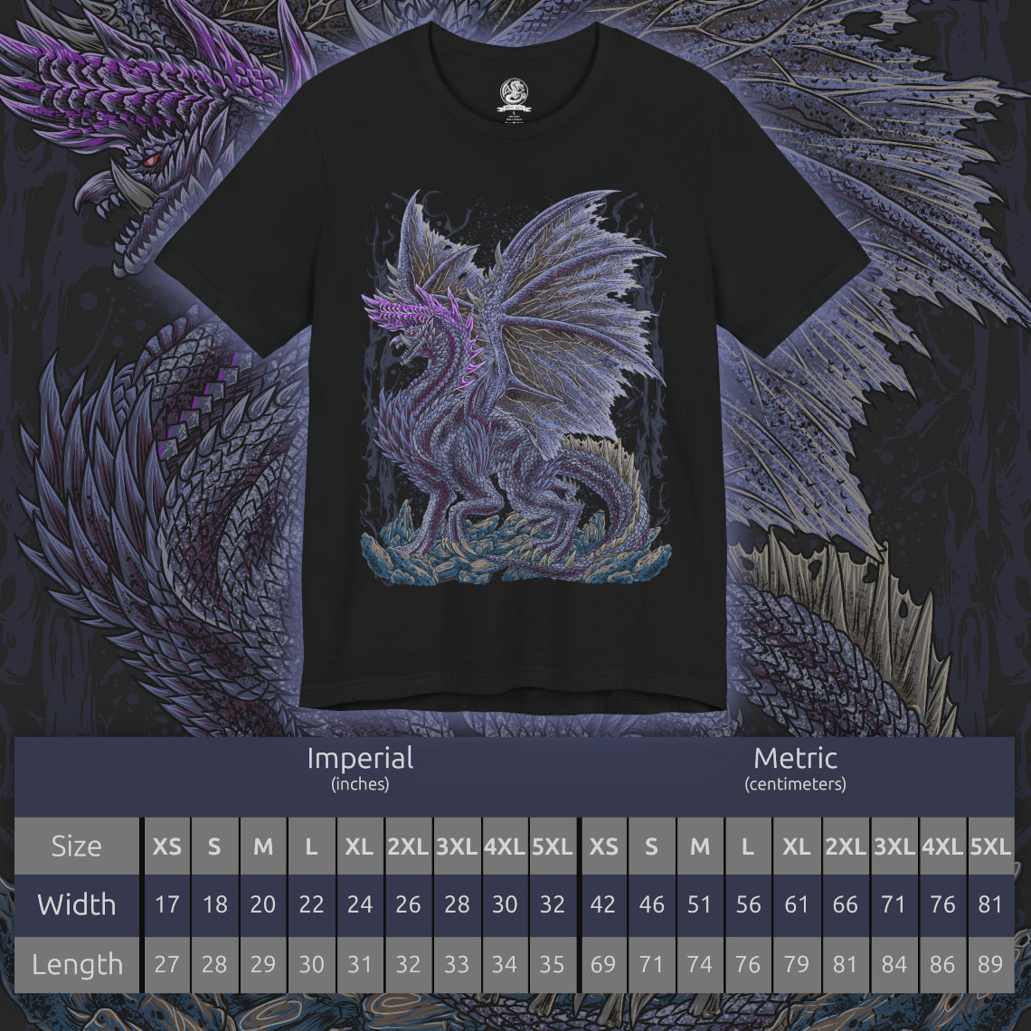 Size chart of a T-Shirt design of Alatreon from Monster Hunter, the Blazing Black Dragon descending through a storm as fire, ice, thunder, dragon, and water elements erupt around its colossal body. Massive black horns and razor-sharp wings dominate the battlefield while the sky fractures beneath its elemental wrath. The design captures Alatreon's mastery over every element, embodying catastrophic power and the fear inspired by one of Monster Hunter's most legendary Black Dragons.