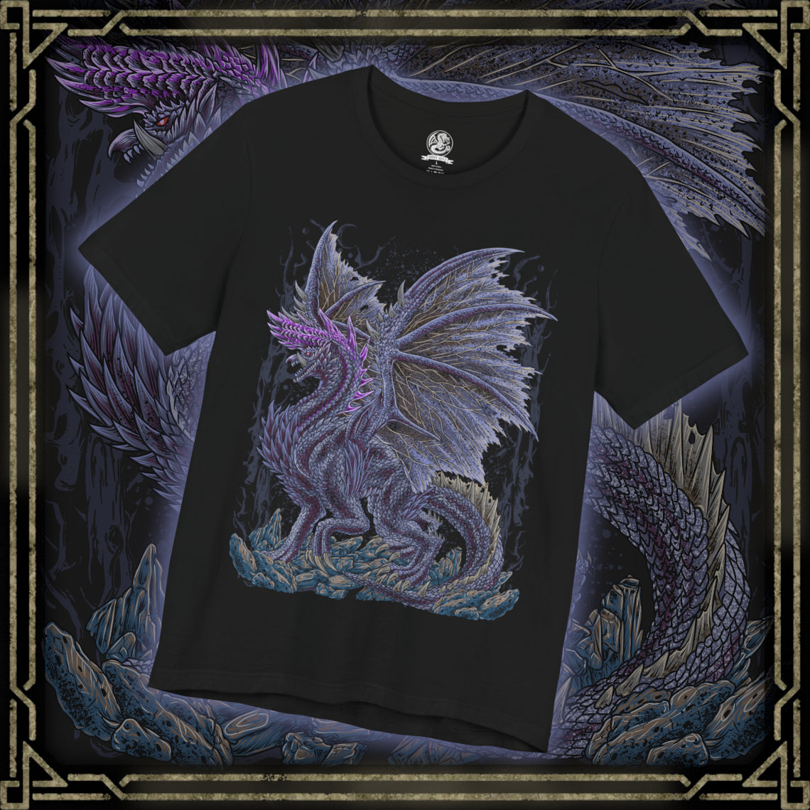 Thumbnail of a T-Shirt design of Alatreon from Monster Hunter, the Blazing Black Dragon descending through a storm as fire, ice, thunder, dragon, and water elements erupt around its colossal body. Massive black horns and razor-sharp wings dominate the battlefield while the sky fractures beneath its elemental wrath. The design captures Alatreon's mastery over every element, embodying catastrophic power and the fear inspired by one of Monster Hunter's most legendary Black Dragons.
