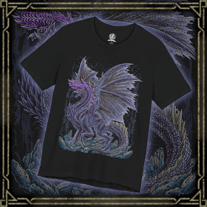 Thumbnail of a T-Shirt design of Alatreon from Monster Hunter, the Blazing Black Dragon descending through a storm as fire, ice, thunder, dragon, and water elements erupt around its colossal body. Massive black horns and razor-sharp wings dominate the battlefield while the sky fractures beneath its elemental wrath. The design captures Alatreon's mastery over every element, embodying catastrophic power and the fear inspired by one of Monster Hunter's most legendary Black Dragons.