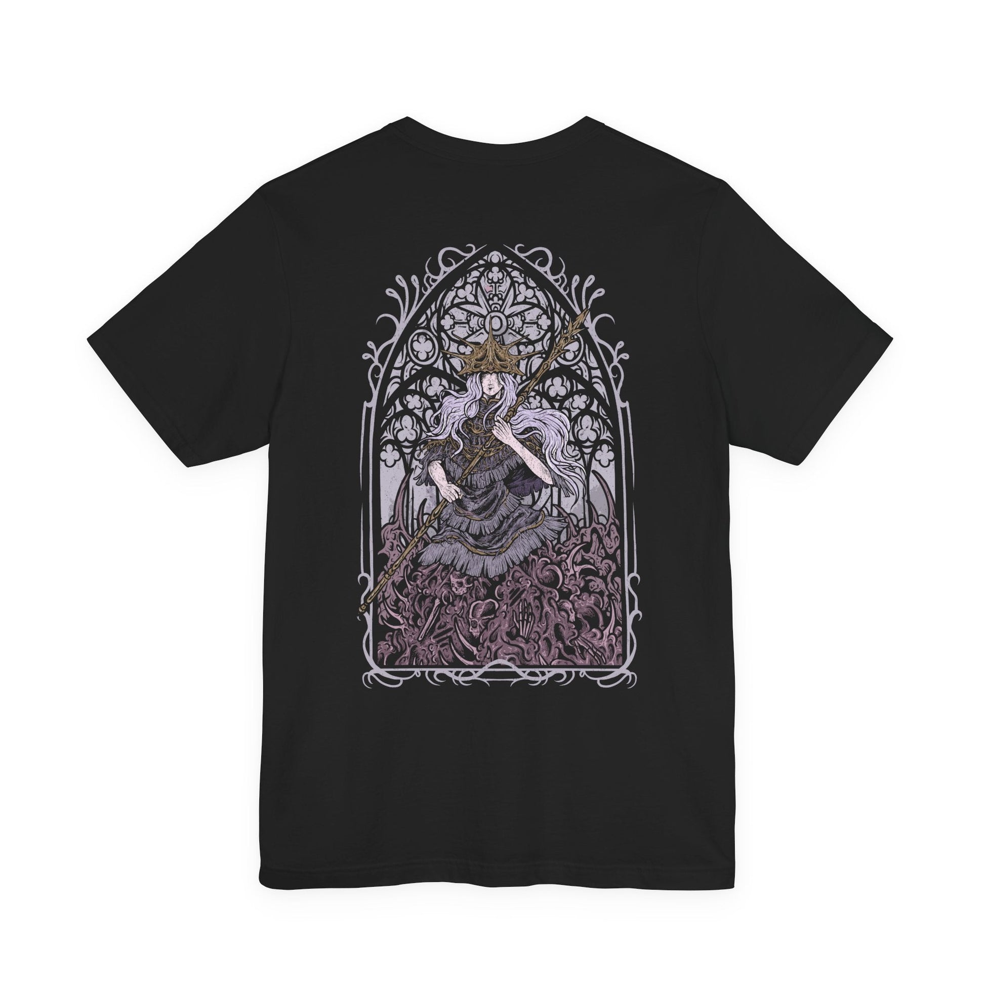 Image 5 of a T-shirt artwork depicting Aldrich’s serpentine, tar-like body coiling across the cathedral floor while spectral arrows rain from above. The stolen form of Gwyndolin casts pale moonlight against the abyssal mass below. This design reflects the fall of Anor Londo, the triumph of gluttonous prophecy, and the terrifying transformation from cleric to devourer of gods.