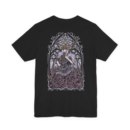 Image 5 of a T-shirt artwork depicting Aldrich’s serpentine, tar-like body coiling across the cathedral floor while spectral arrows rain from above. The stolen form of Gwyndolin casts pale moonlight against the abyssal mass below. This design reflects the fall of Anor Londo, the triumph of gluttonous prophecy, and the terrifying transformation from cleric to devourer of gods.