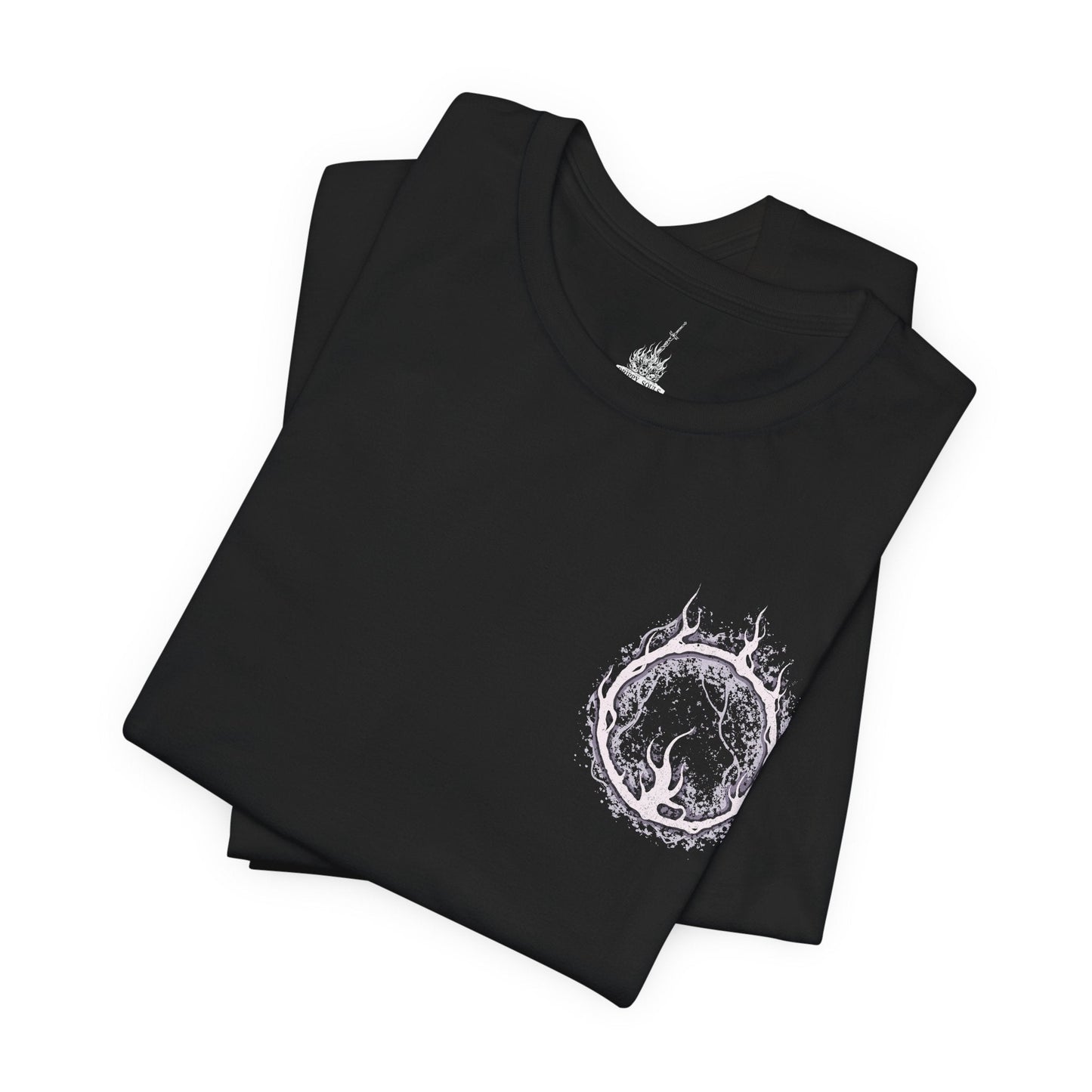 Image 6 of a T-shirt artwork depicting Aldrich’s serpentine, tar-like body coiling across the cathedral floor while spectral arrows rain from above. The stolen form of Gwyndolin casts pale moonlight against the abyssal mass below. This design reflects the fall of Anor Londo, the triumph of gluttonous prophecy, and the terrifying transformation from cleric to devourer of gods.