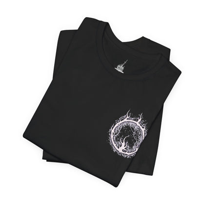 Image 6 of a T-shirt artwork depicting Aldrich’s serpentine, tar-like body coiling across the cathedral floor while spectral arrows rain from above. The stolen form of Gwyndolin casts pale moonlight against the abyssal mass below. This design reflects the fall of Anor Londo, the triumph of gluttonous prophecy, and the terrifying transformation from cleric to devourer of gods.