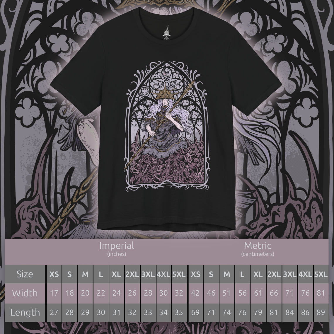 Size chart of a T-shirt artwork depicting Aldrich’s serpentine, tar-like body coiling across the cathedral floor while spectral arrows rain from above. The stolen form of Gwyndolin casts pale moonlight against the abyssal mass below. This design reflects the fall of Anor Londo, the triumph of gluttonous prophecy, and the terrifying transformation from cleric to devourer of gods.