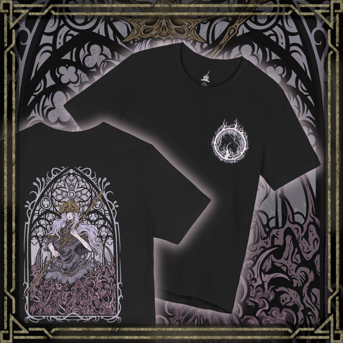 Thumbnail of a T-shirt artwork depicting Aldrich’s serpentine, tar-like body coiling across the cathedral floor while spectral arrows rain from above. The stolen form of Gwyndolin casts pale moonlight against the abyssal mass below. This design reflects the fall of Anor Londo, the triumph of gluttonous prophecy, and the terrifying transformation from cleric to devourer of gods.