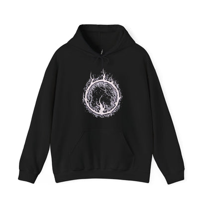 Image 4 of a Hooded Sweatshirt of Aldrich rising from a pool of shadow, skeletal remains embedded within his sludge-like body as dark miracles erupt outward. Fragments of shattered stained glass glow faintly behind him, symbolizing a faith twisted into hunger. The composition emphasizes corruption, blasphemy, and the apocalyptic decay consuming Dark Souls III’s once-holy capital.