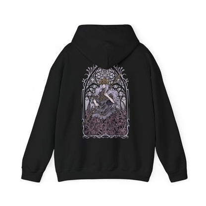 Image 5 of a Hooded Sweatshirt of Aldrich rising from a pool of shadow, skeletal remains embedded within his sludge-like body as dark miracles erupt outward. Fragments of shattered stained glass glow faintly behind him, symbolizing a faith twisted into hunger. The composition emphasizes corruption, blasphemy, and the apocalyptic decay consuming Dark Souls III’s once-holy capital.