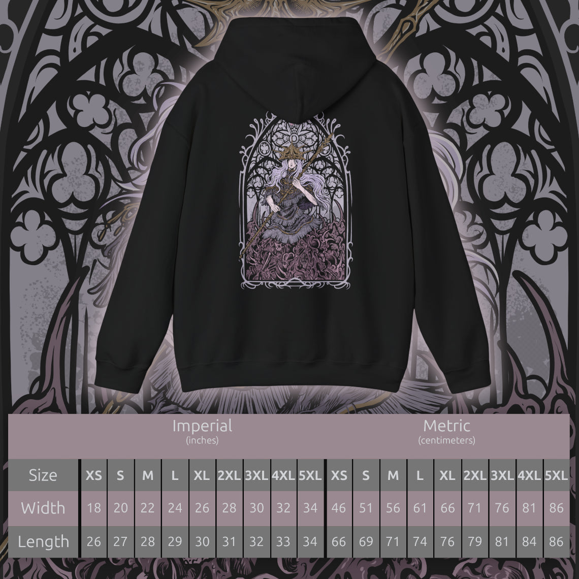 Size chart of a Hooded Sweatshirt of Aldrich rising from a pool of shadow, skeletal remains embedded within his sludge-like body as dark miracles erupt outward. Fragments of shattered stained glass glow faintly behind him, symbolizing a faith twisted into hunger. The composition emphasizes corruption, blasphemy, and the apocalyptic decay consuming Dark Souls III’s once-holy capital.