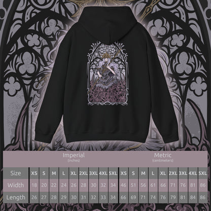 Size chart of a Hooded Sweatshirt of Aldrich rising from a pool of shadow, skeletal remains embedded within his sludge-like body as dark miracles erupt outward. Fragments of shattered stained glass glow faintly behind him, symbolizing a faith twisted into hunger. The composition emphasizes corruption, blasphemy, and the apocalyptic decay consuming Dark Souls III’s once-holy capital.