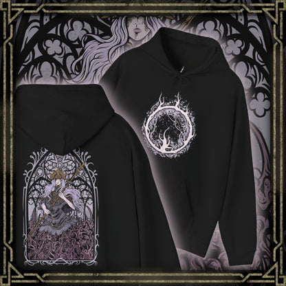 Thumbnail of a Hooded Sweatshirt of Aldrich rising from a pool of shadow, skeletal remains embedded within his sludge-like body as dark miracles erupt outward. Fragments of shattered stained glass glow faintly behind him, symbolizing a faith twisted into hunger. The composition emphasizes corruption, blasphemy, and the apocalyptic decay consuming Dark Souls III’s once-holy capital.