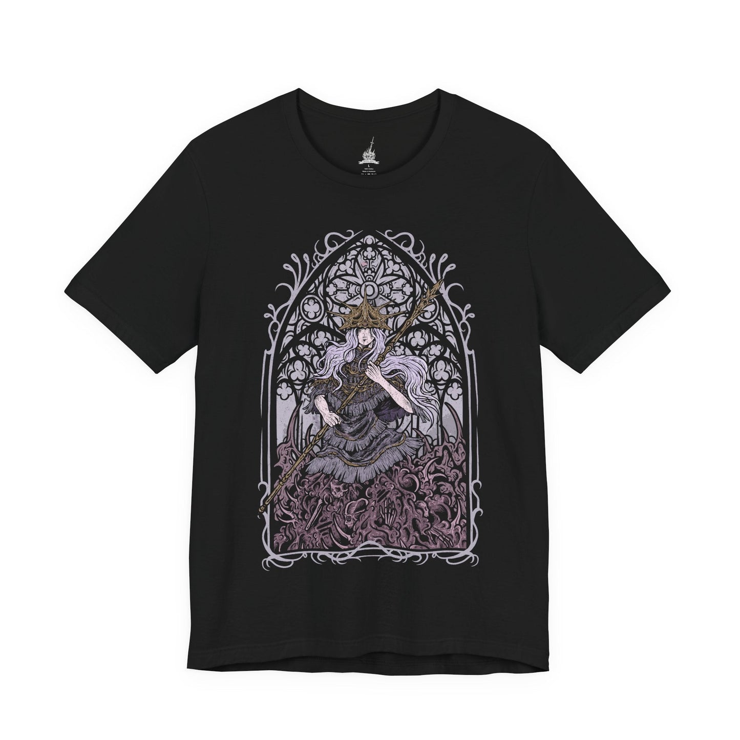 Image 4 of a T-shirt design of Aldrich, Devourer of Gods from Dark Souls III, emerging as a grotesque mass of black sludge and bone within the desecrated cathedral of Anor Londo. The upper body of Gwyndolin hangs suspended above the writhing abyssal form, golden light clashing against encroaching darkness. The design captures cannibalistic ascension, corrupted divinity, and the horror of a god consumed.