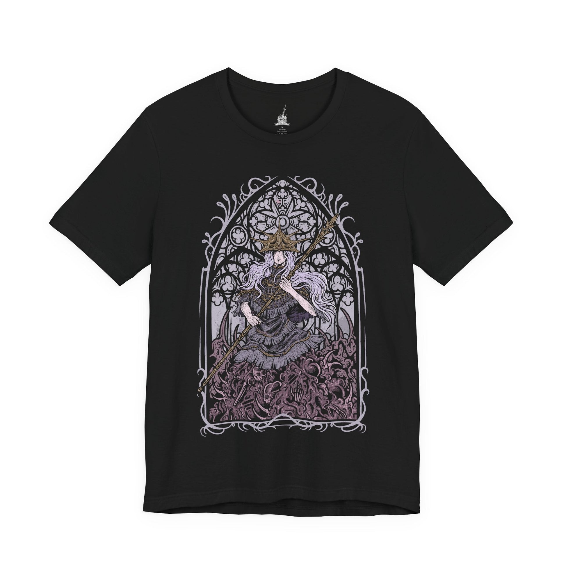Image 4 of a T-shirt design of Aldrich, Devourer of Gods from Dark Souls III, emerging as a grotesque mass of black sludge and bone within the desecrated cathedral of Anor Londo. The upper body of Gwyndolin hangs suspended above the writhing abyssal form, golden light clashing against encroaching darkness. The design captures cannibalistic ascension, corrupted divinity, and the horror of a god consumed.