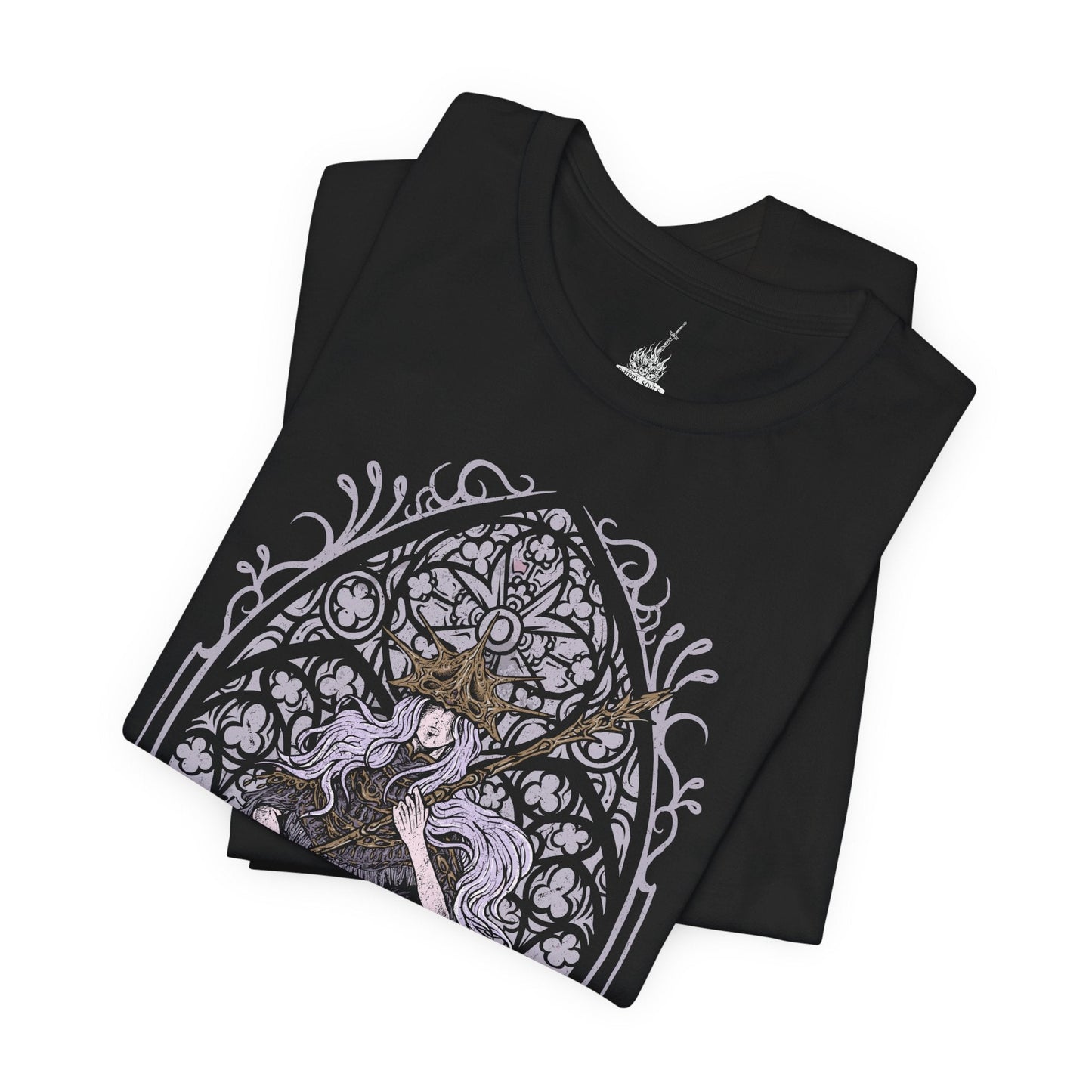 Image 5 of a T-shirt design of Aldrich, Devourer of Gods from Dark Souls III, emerging as a grotesque mass of black sludge and bone within the desecrated cathedral of Anor Londo. The upper body of Gwyndolin hangs suspended above the writhing abyssal form, golden light clashing against encroaching darkness. The design captures cannibalistic ascension, corrupted divinity, and the horror of a god consumed.